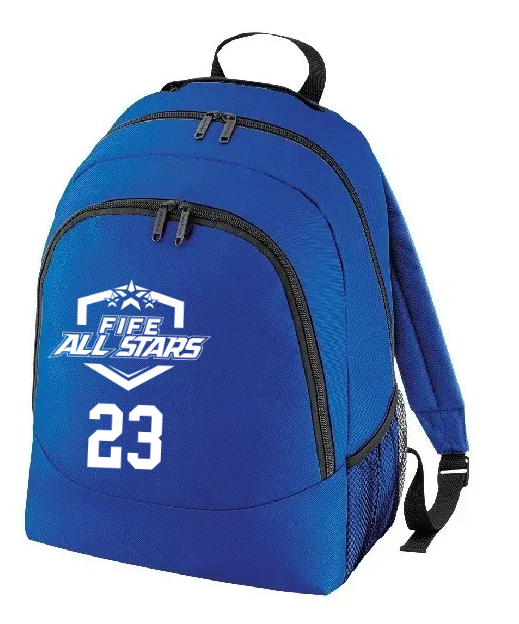 Fife All Stars branded blue backpack.