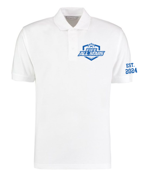 Fife All Stars Youth Flag Football branded white Polo tshirt. Fife All Stars Youth Flag Football branded white Polo tshirt.